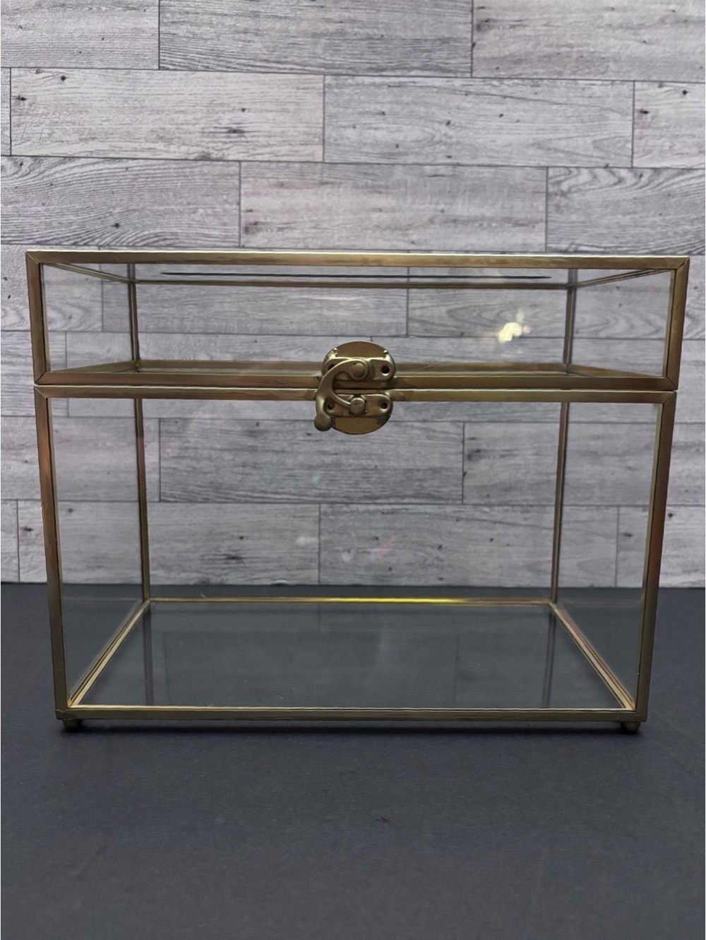 Wedding Card Box with Top Slot Hinged Lid & Latch Brass and Glass 10”Lx5”Wx7.5T